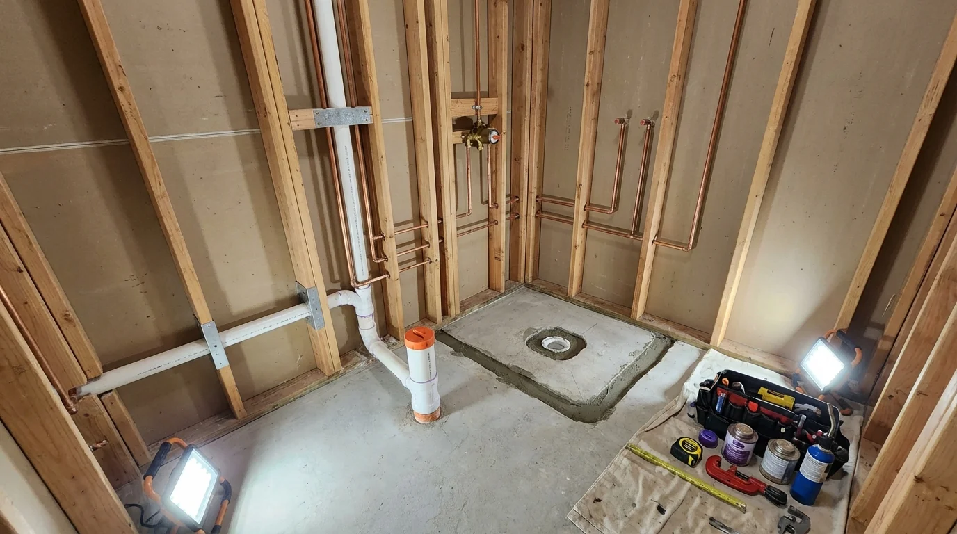 Bathroom rough-in plumbing during remodel by Johns Plumbing LLC in Fort Rucker