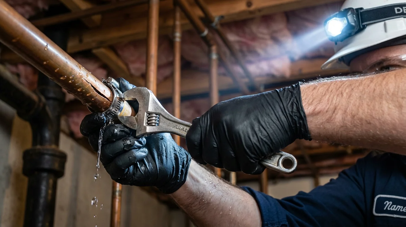 Emergency pipe clamp repair being performed by a Johns Plumbing LLC plumber in Fort Rucker