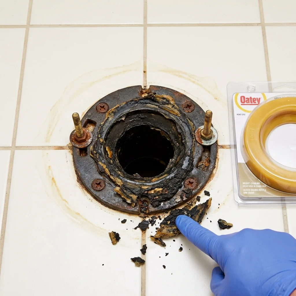 Failed wax ring showing water seepage at the base of a toilet in a Fort Rucker, AL home