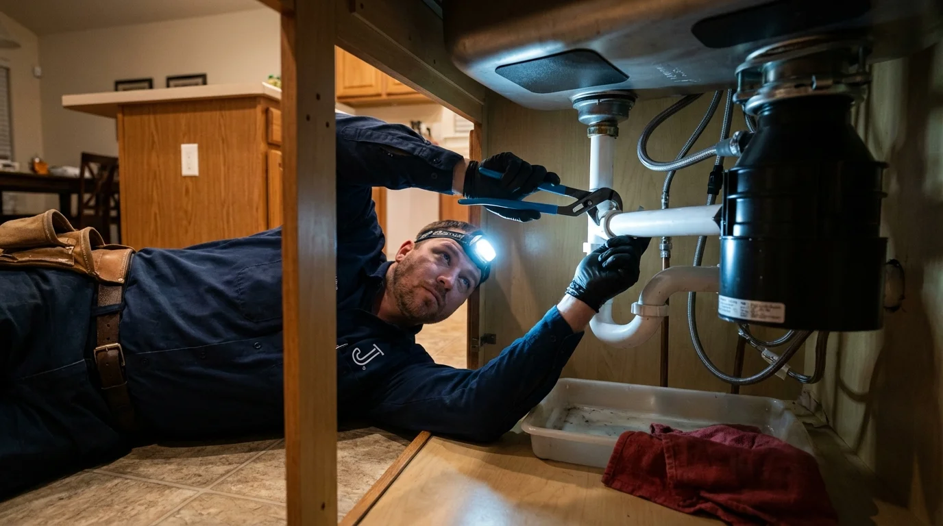 P-trap and supply line connections under a kitchen sink showing a common leak point in Fort Rucker, AL